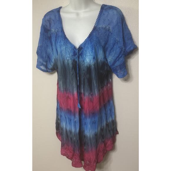 Sakkas Blouse Women’s Turquoise Tie Dye Top Short Sleeve V-Neck One Size NEW - Picture 2 of 9